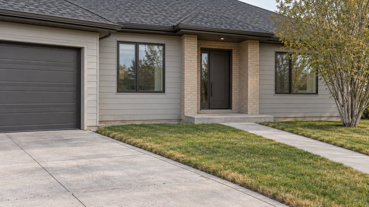 Suburban house with a recessed brick-framed entry, attached double garage, driveway, lawn, and multi-stem tree.