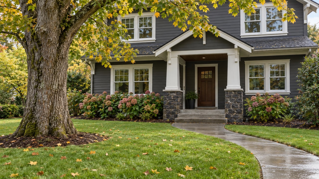 A mature broad-canopy tree frames a graphite-sided home with a covered porch, basalt column bases and a deep autumn lawn.