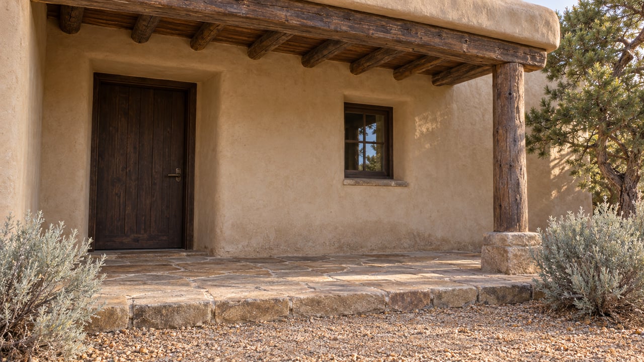 Rounded buff plaster walls and a shaded timber entry above a worn sandstone landing, beside piñon pine and silver sagebrush.