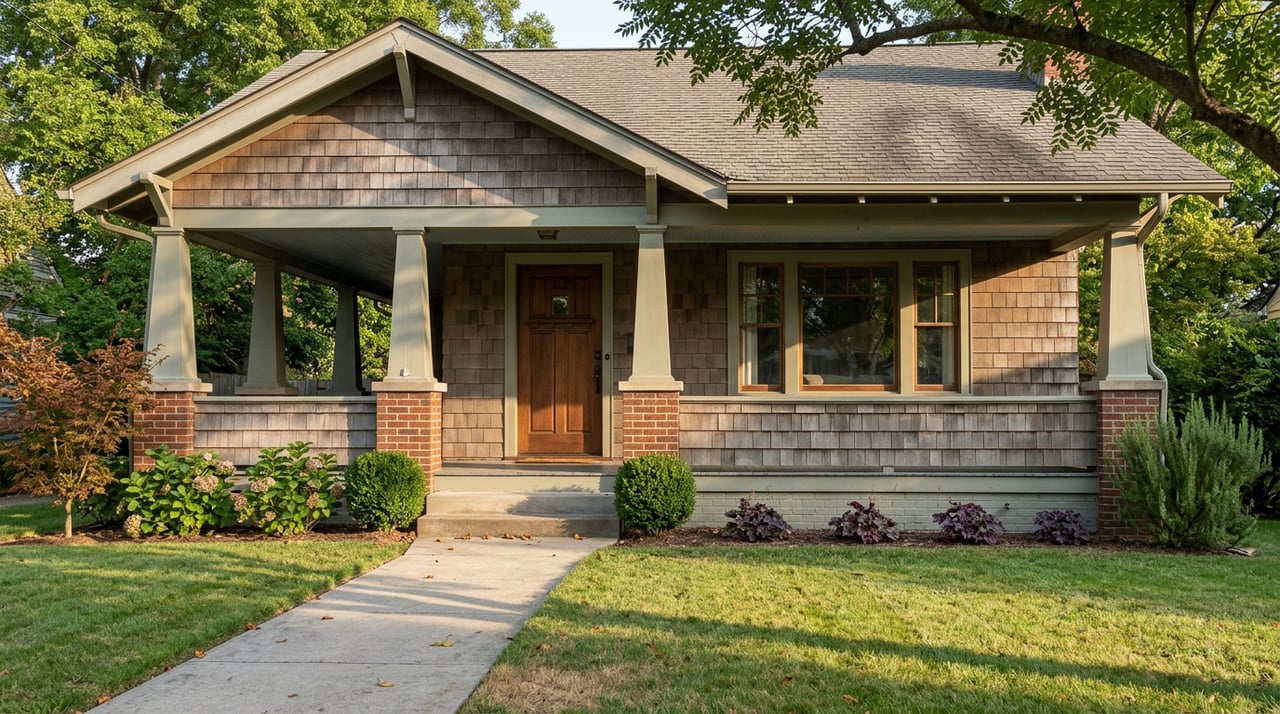 Craftsman bungalow porch with clinker-brick piers, cedar shingles, and concrete walk beneath a tree canopy.