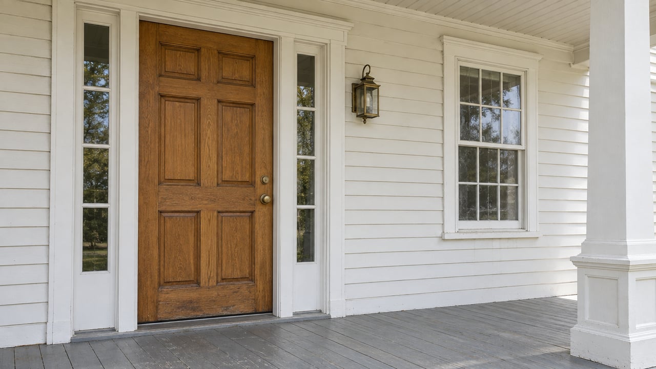 Covered entry with a weathered oak panel door, paired glass sidelights, white clapboards and gray painted porch boards.