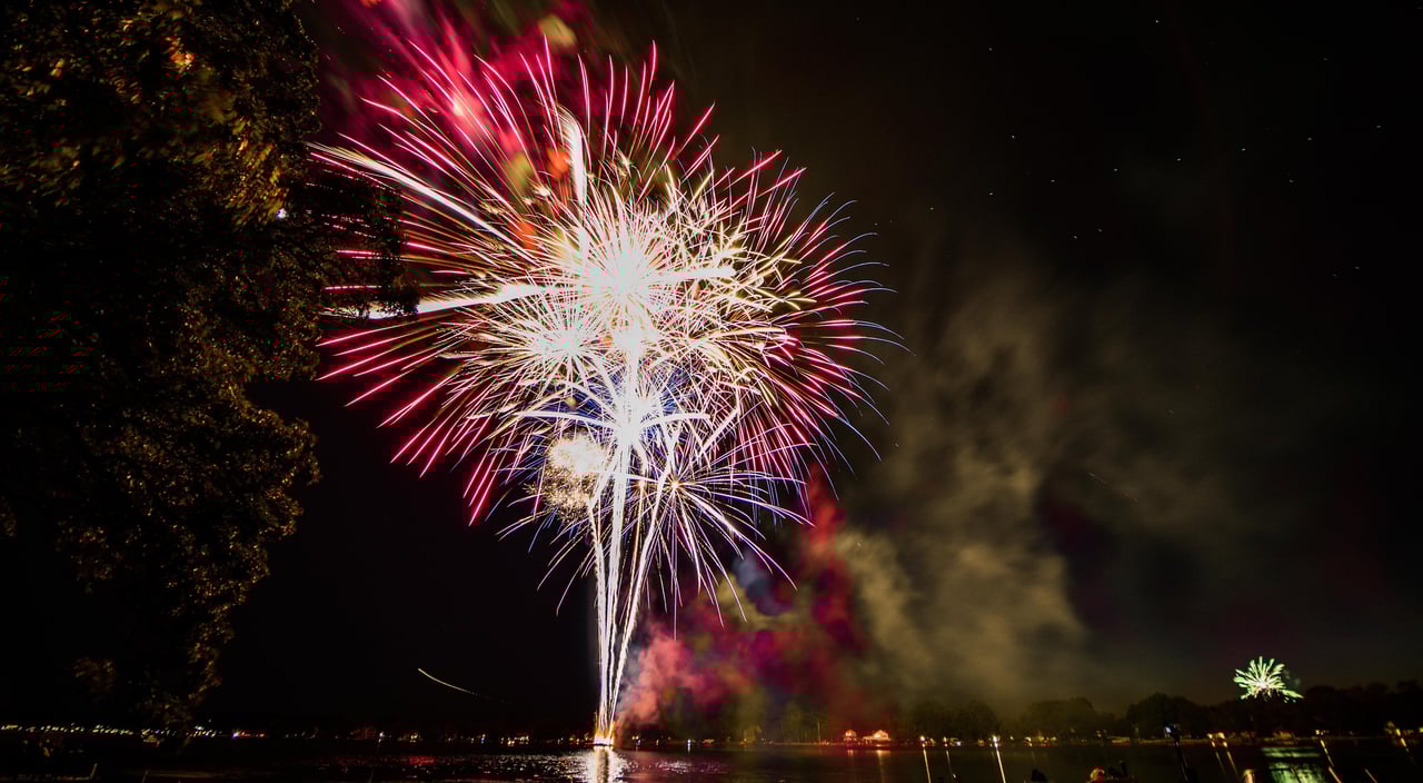 Fireworks lighting up the night sky over Lake Tahoe during the 4th of July 2025 celebration