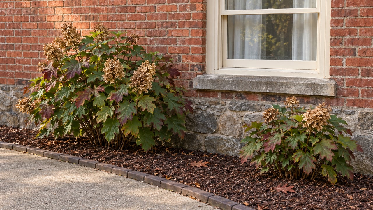 A cream-framed window in a weathered red brick cottage above a fieldstone foundation and two oakleaf hydrangeas beside a concrete walk.
