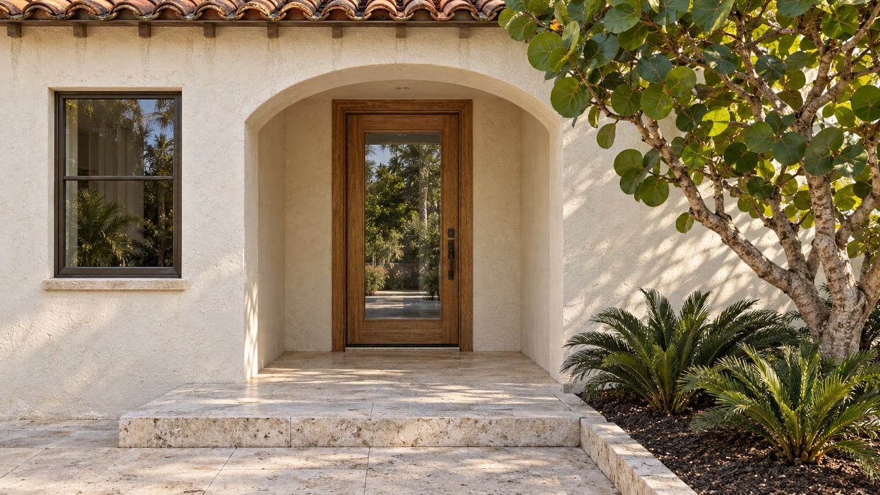 Cream stucco entrance with an arched recess, glazed oak door, pale limestone steps and sculptural sea grape planting.