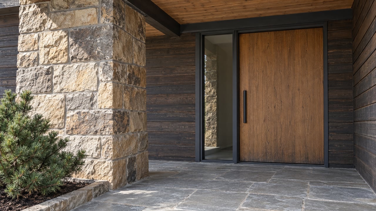 Sheltered home entry with a recessed oak door, sandstone pier, dark timber siding, and a worn gray flagstone landing.