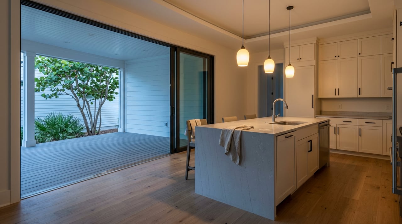 Kitchen island with three glowing pendant lights, open sliding glass wall, and blue-hour porch beyond.