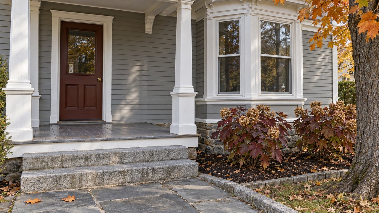 Gray clapboard home entrance with an oxblood door, white porch trim, granite steps, and autumn planting beside a window bay.