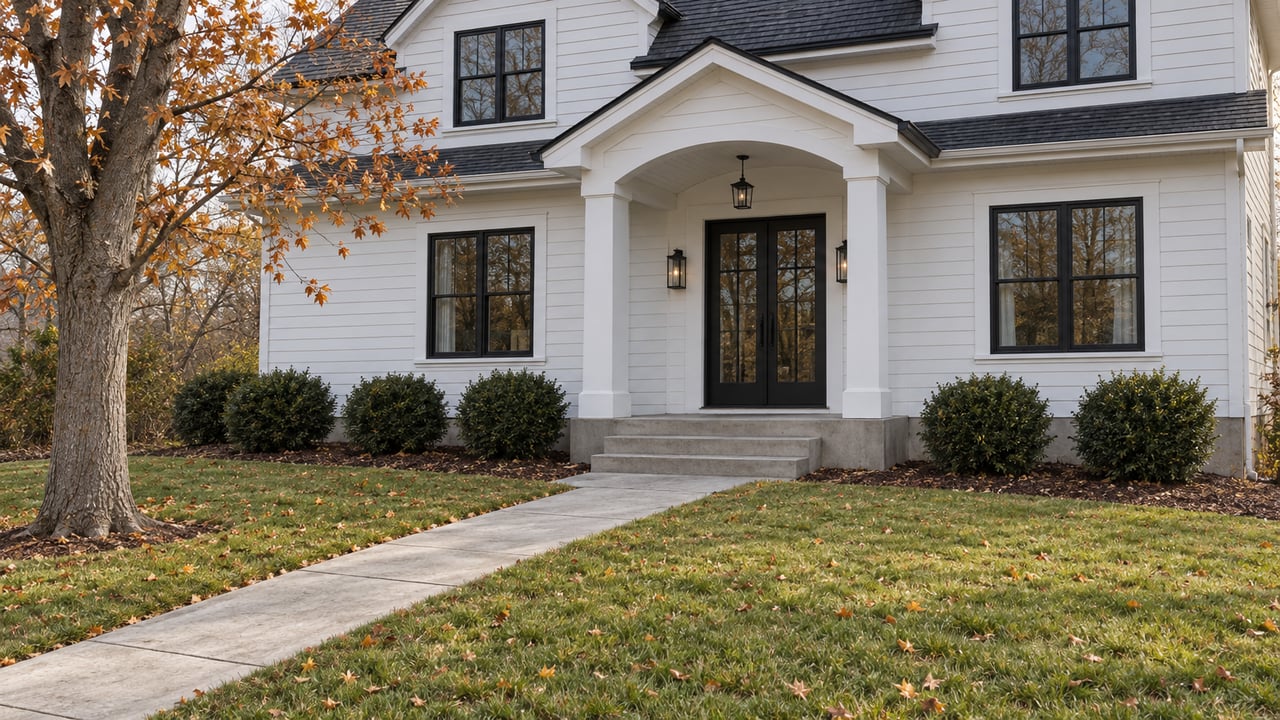White two-story home with black-framed windows, an arched covered entrance and a concrete walk across a late-autumn lawn.