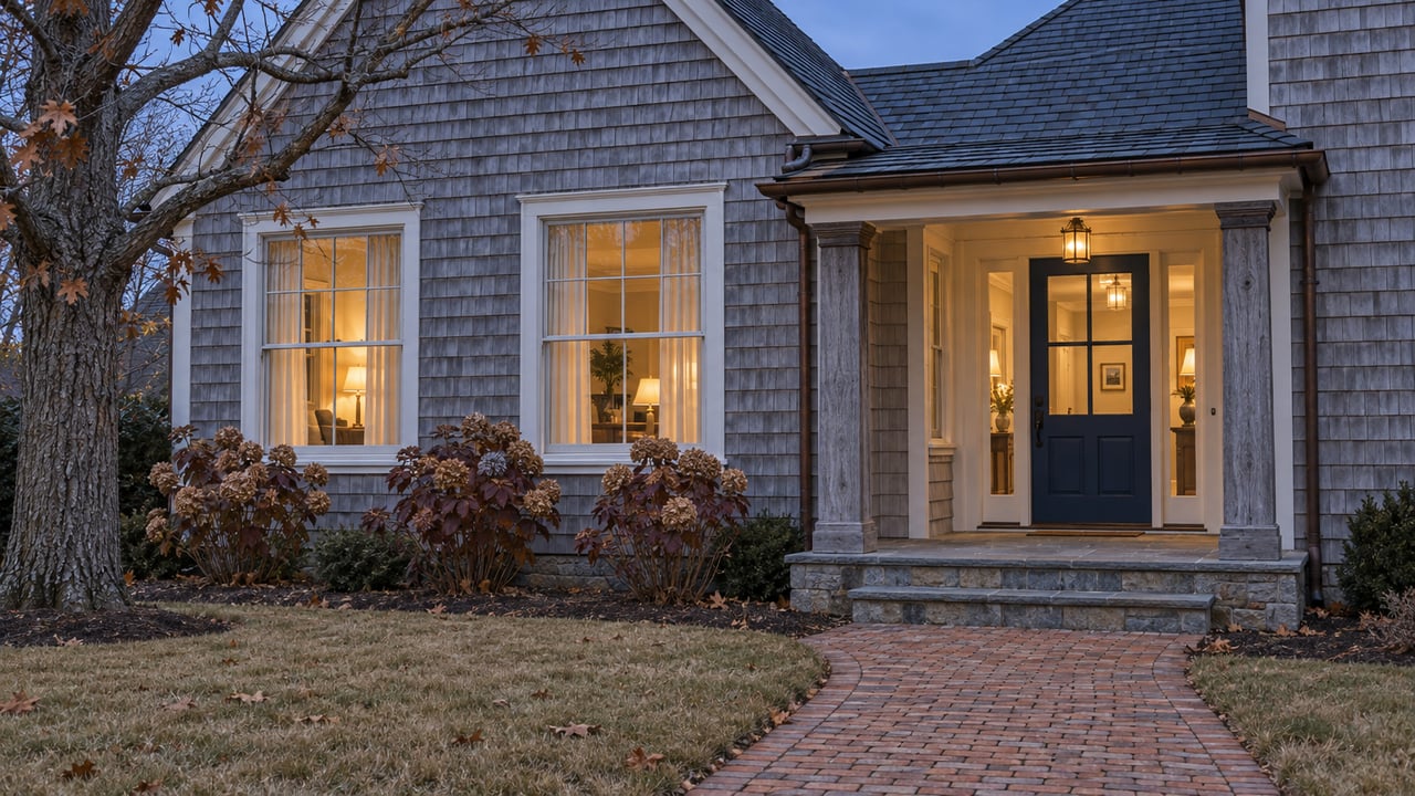 Gray cedar-shingled home at dusk, with warmly lit windows, a blue front door and a brick approach through an autumn garden.