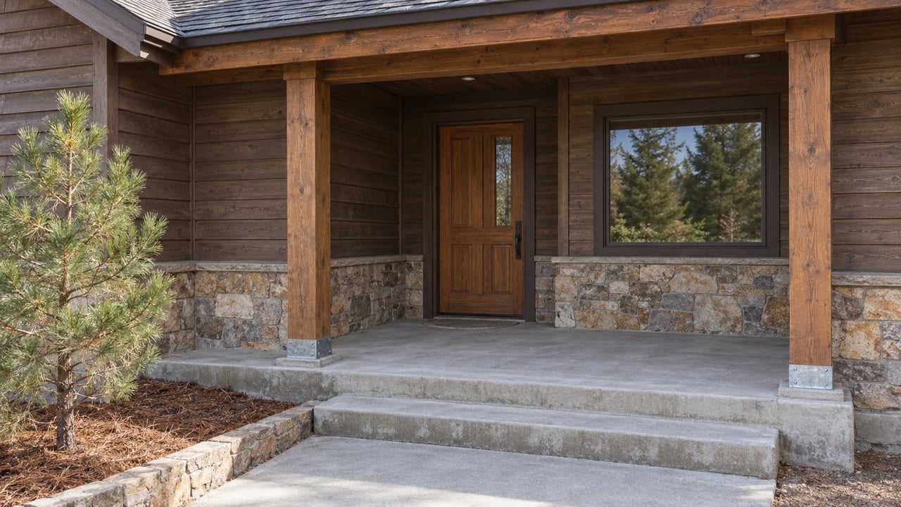 Covered home entry with weathered brown wood siding, stone wall base, timber posts and concrete steps beside a young ponderosa pine.