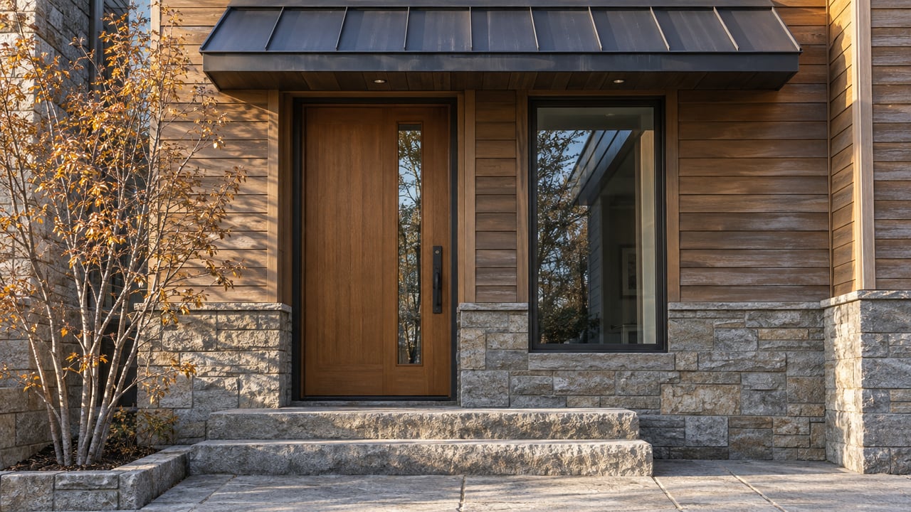 Compact residential entry with a warm-wood door, stone steps, cedar siding, and a small tree with amber leaves.