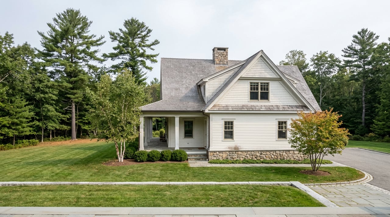Shingle-style house with a deep white-columned porch, curving driveway, and broad lawn backed by pines and birch.
