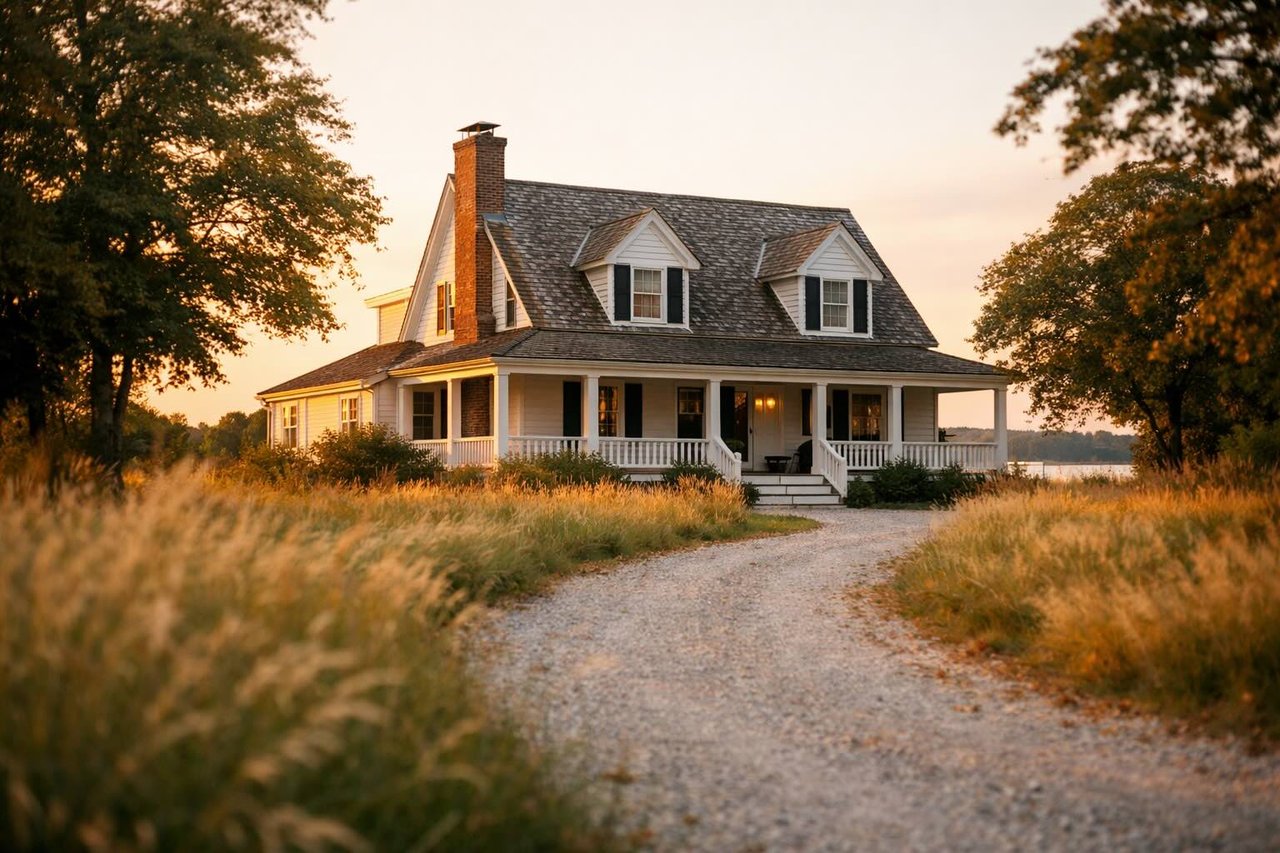 home in Orient NY, tall grass, gravel driveway, at dusk