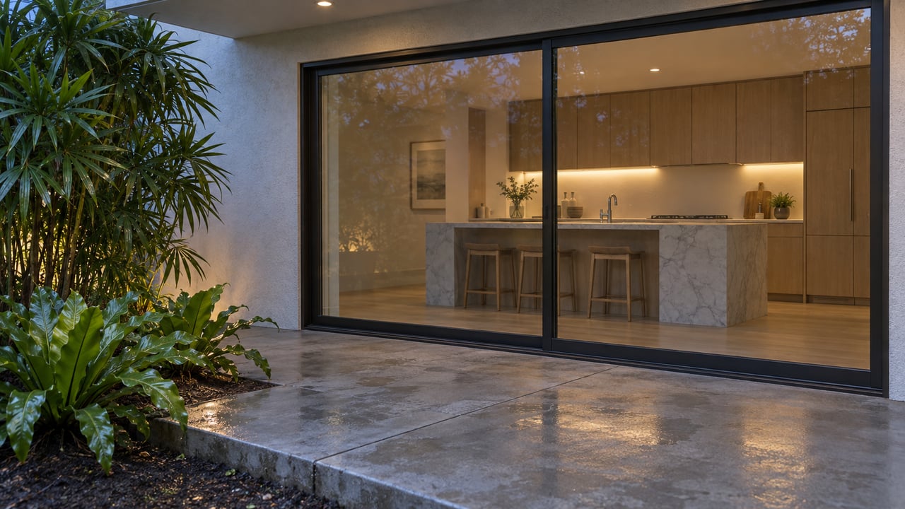 Covered concrete patio beside closed glass doors, with a warmly lit oak kitchen and leafy plants at the edge.