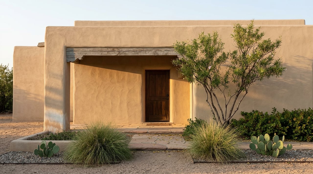 Adobe entry portal with a weathered wooden door, exposed beam, and desert willow beside gravel and flagstone.
