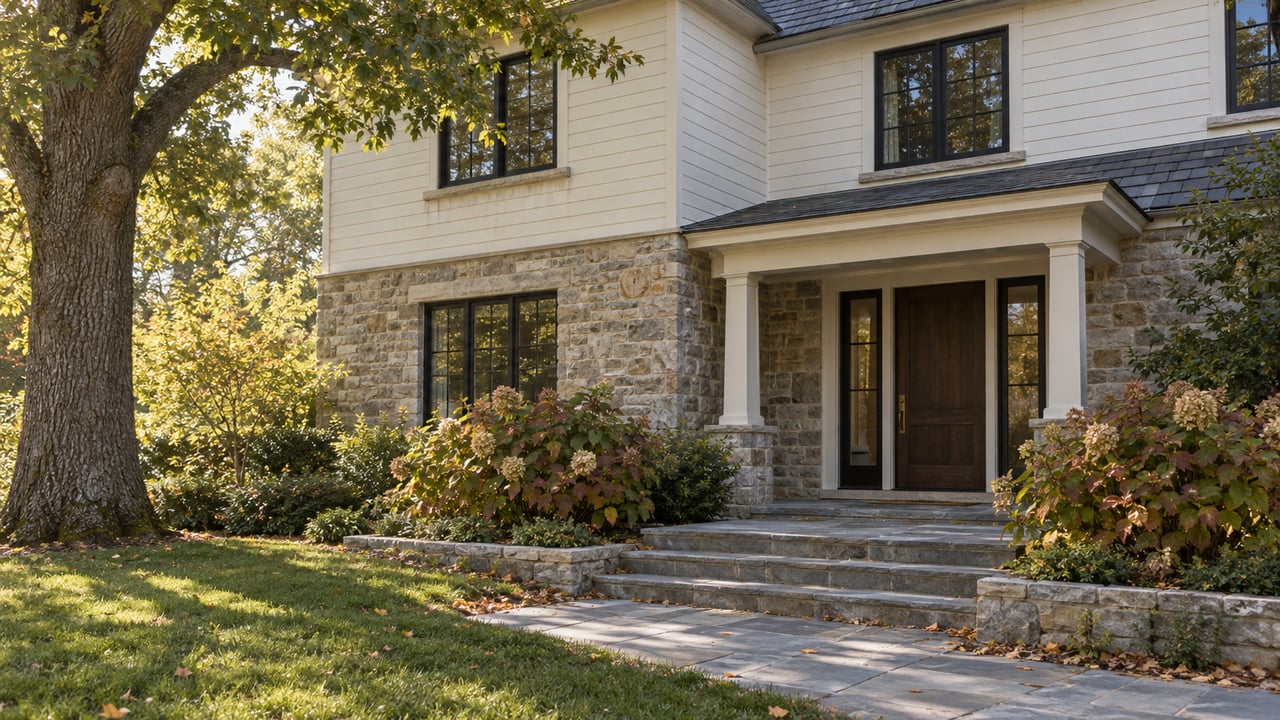 Two-story clapboard and limestone house with a recessed oak-door entry, bluestone steps, and an oak tree.