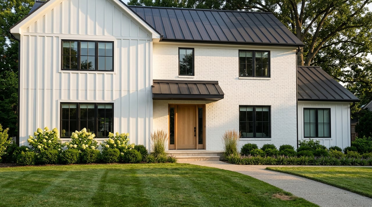 Modern farmhouse with white brick, black awning, oak entry door, curved walkway, and mature tree canopy.