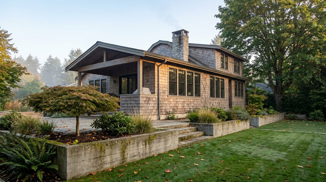 Silvered cedar-shingle house and covered deck rise behind a terraced lawn, retaining wall, and Japanese maple.