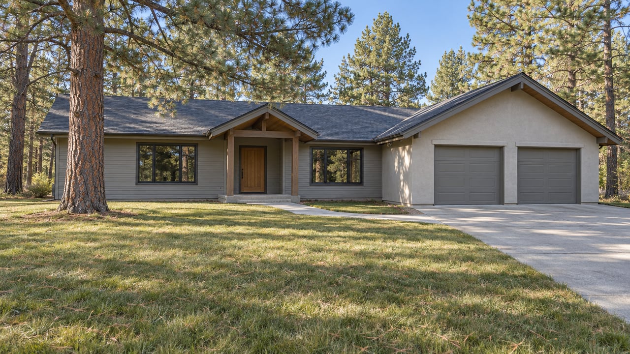 Updated single-story home with gray siding, a pitched shingle roof and broad garage, set behind a deep autumn lawn among mature ponderosa pines.