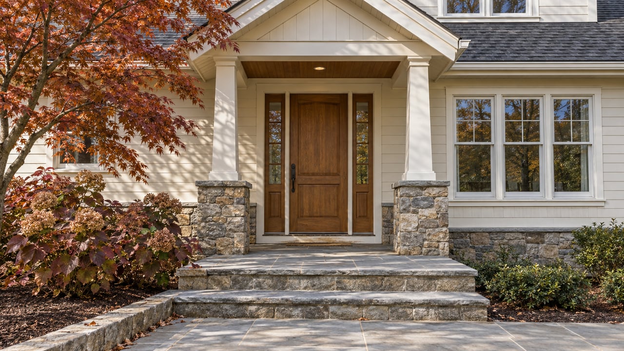 A sheltered oak front door between matching sidelights, framed by ivory siding, stonework and russet autumn planting above broad bluestone steps.