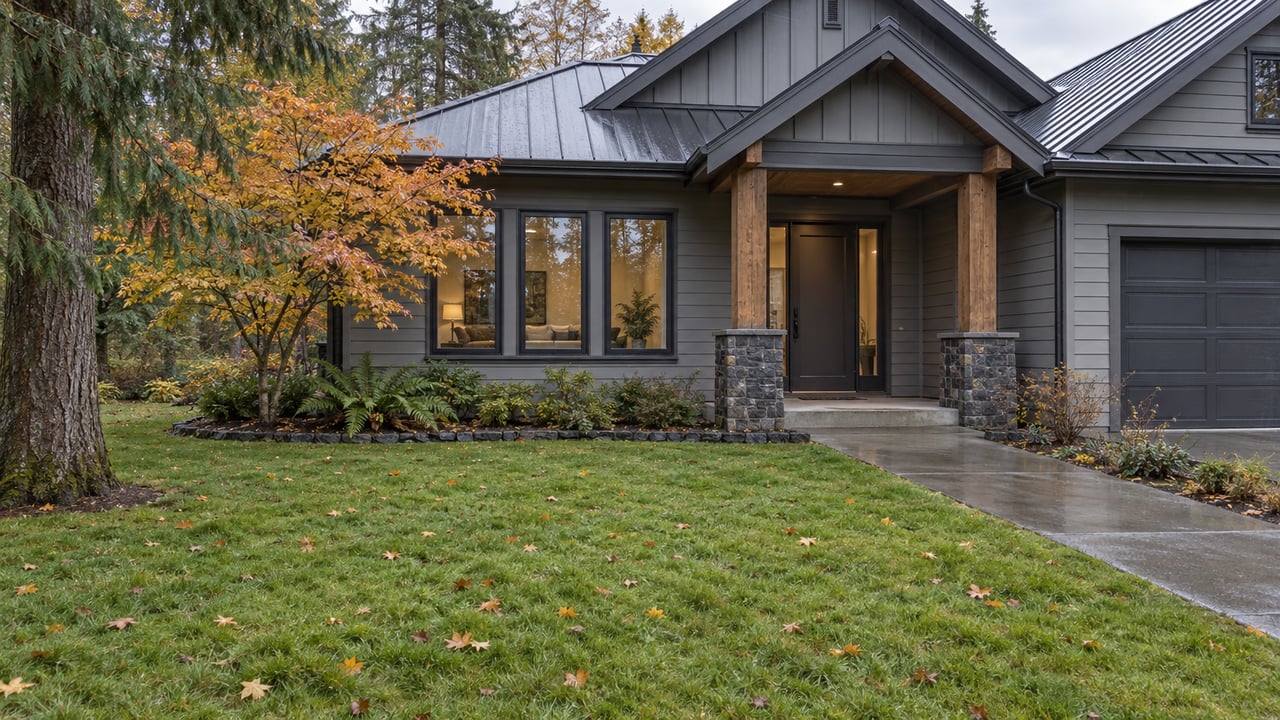 Gray gabled home with a timber porch, basalt entry bases and damp concrete walk across a broad autumn lawn.