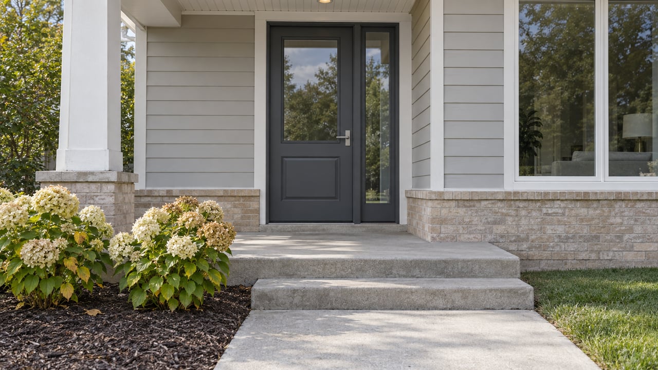 Contemporary home entry with light-gray siding, a charcoal glazed door, concrete steps and two hydrangeas with autumn flower heads.