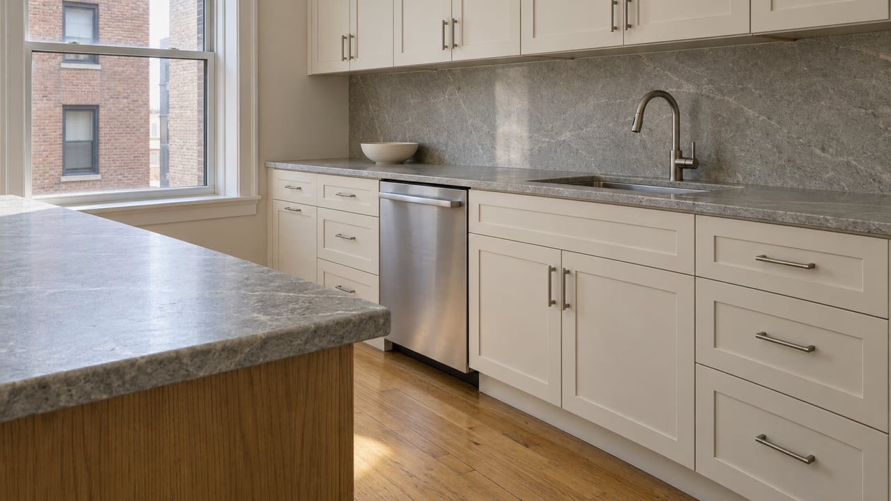 Stone-topped oak kitchen island with white shaker cabinets, brushed nickel fittings, and a closed window overlooking a nearby brick facade.