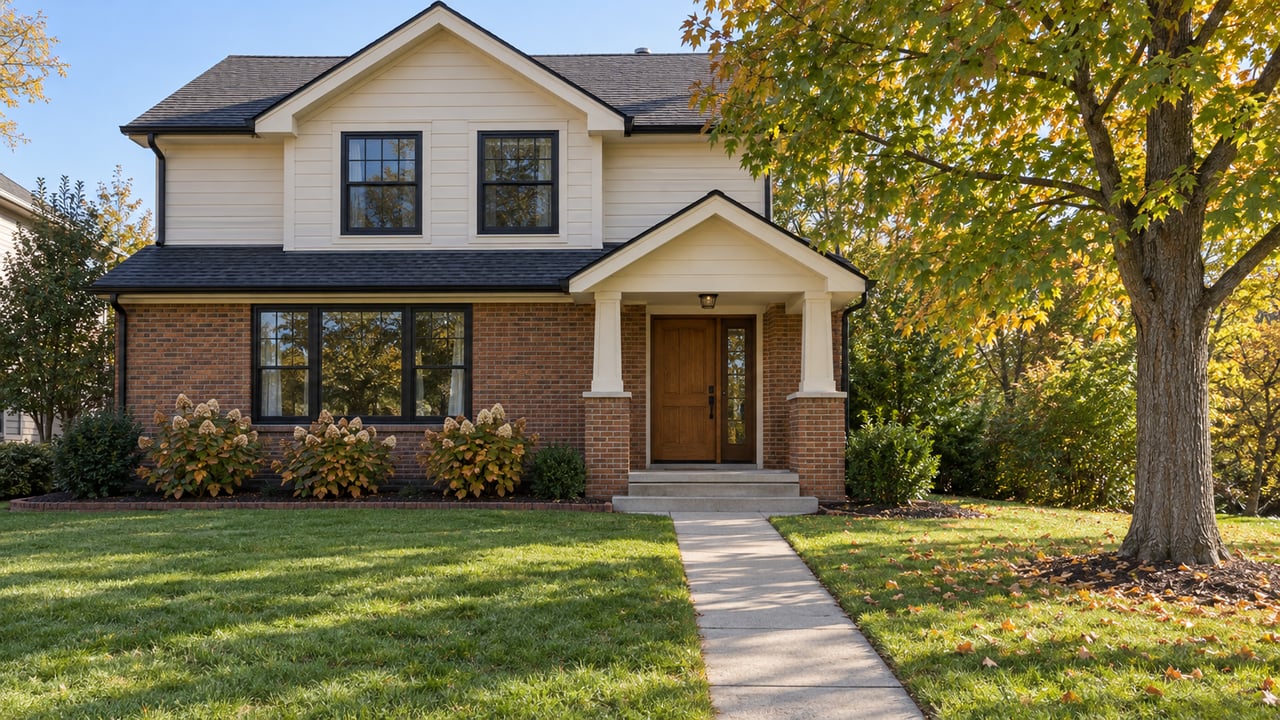 An ivory-sided and brick home with a covered entry, deep front lawn and a mature maple turning amber in morning light.