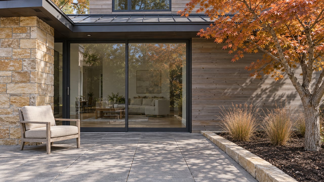 Sunlit contemporary home's sandstone and cedar terrace with closed glass doors, a teak chair and an autumn maple in a bordered planting bed.