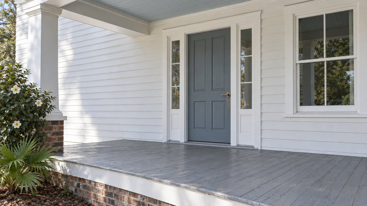 Blue-gray front door with paired sidelights on a white clapboard porch, with weathered gray boards and flowering camellia beside the brick foundation.