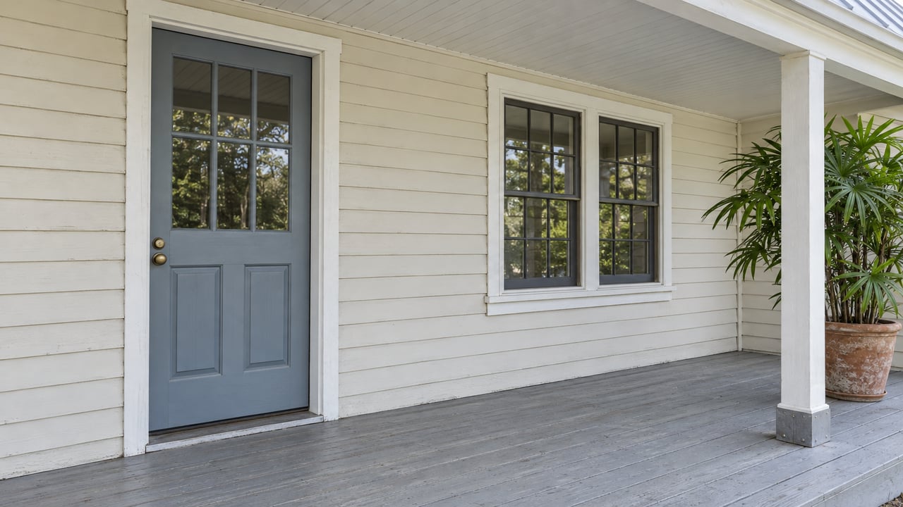 A covered porch with cream wood siding, a blue-gray glazed door, a paired window, and a potted lady palm.