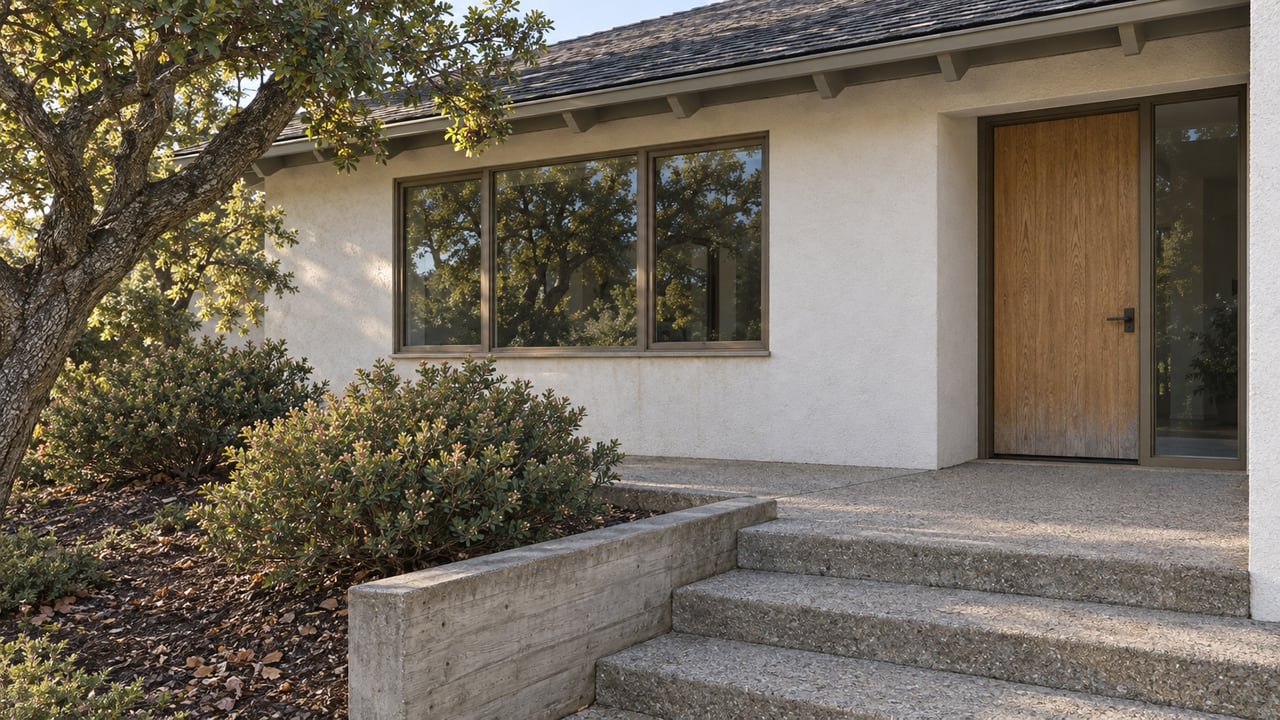 An uphill concrete approach beside a planted slope leads to a stucco house with bronze-framed windows and a recessed oak front door.