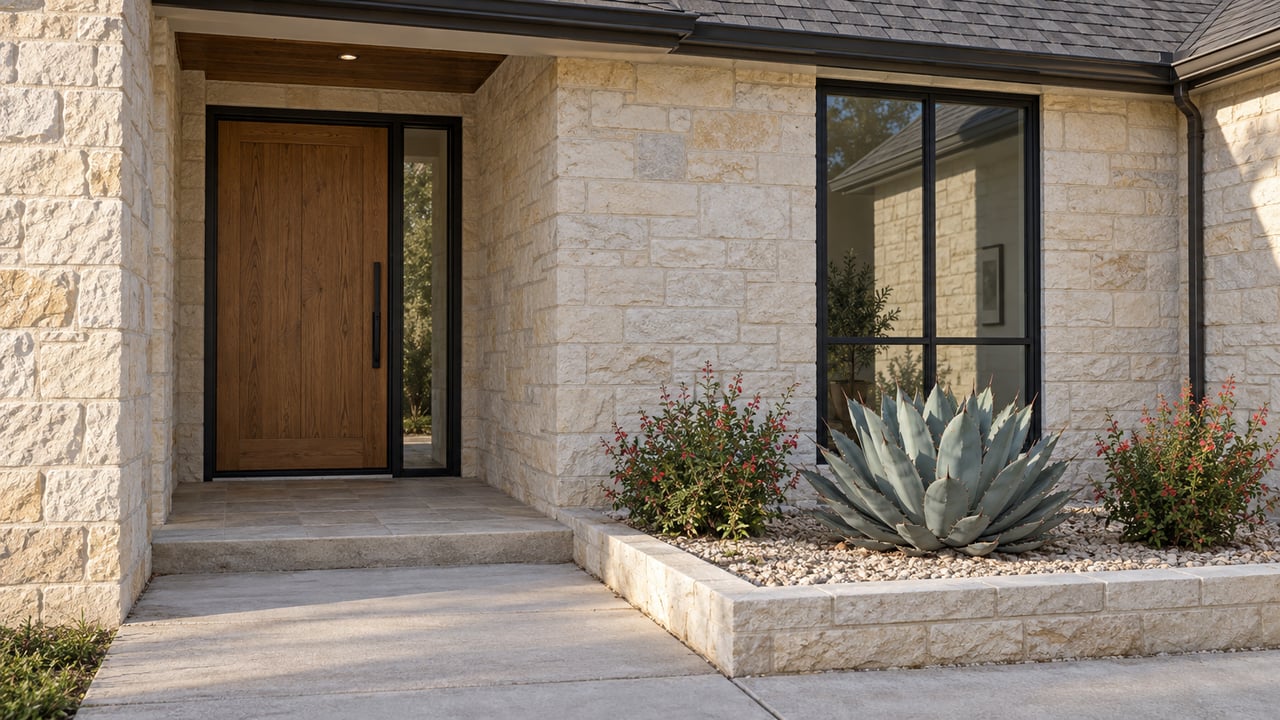 Limestone home entry with an oak door, black-framed window, concrete approach, and a raised gravel bed containing an agave and two flowering sages.
