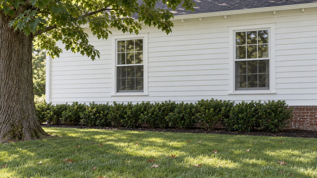 White clapboard house with two dark-screened windows, red-brown brick foundation, and broad lawn beneath an oak tree.