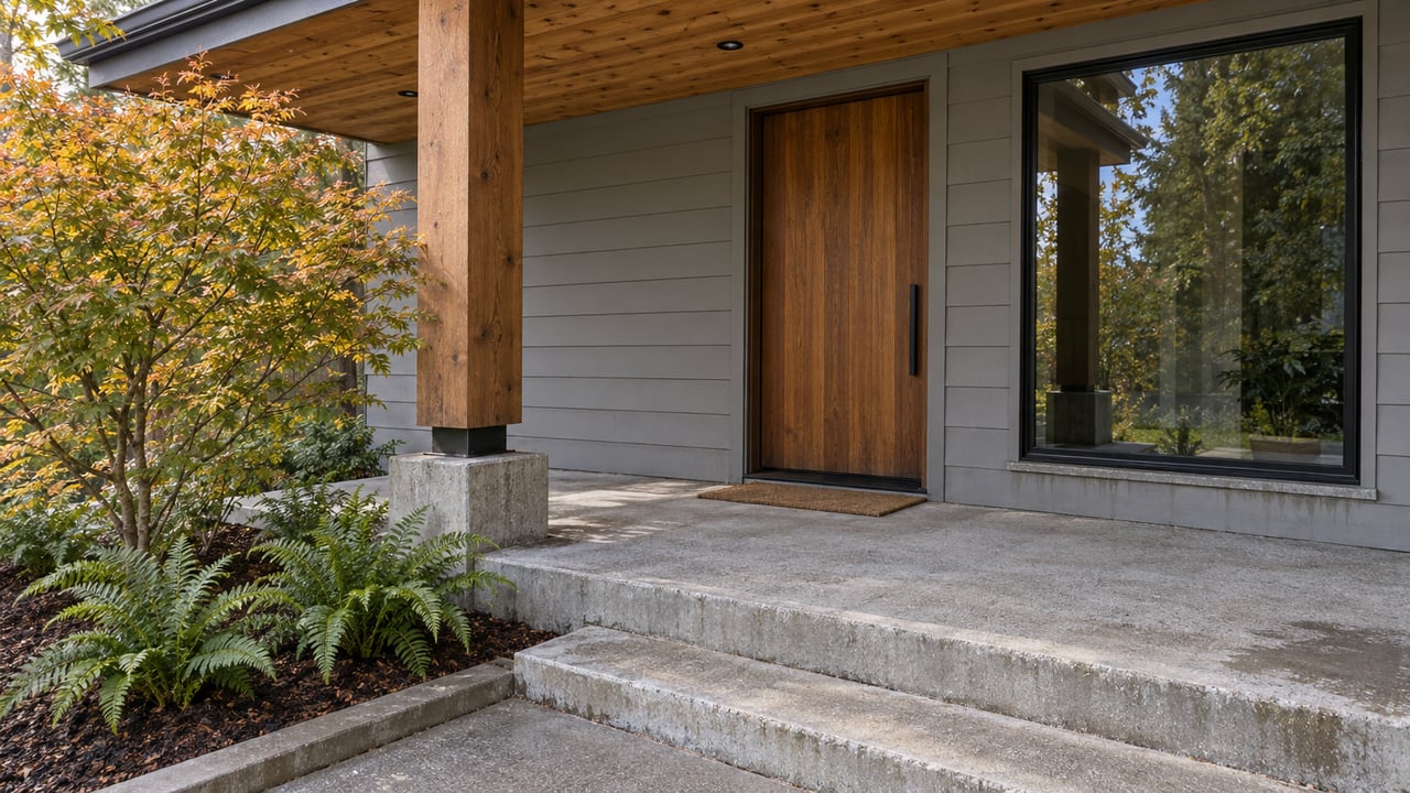 Covered home entry with cedar door, gray lap siding, black-framed window, concrete steps, and a vine maple above sword ferns.