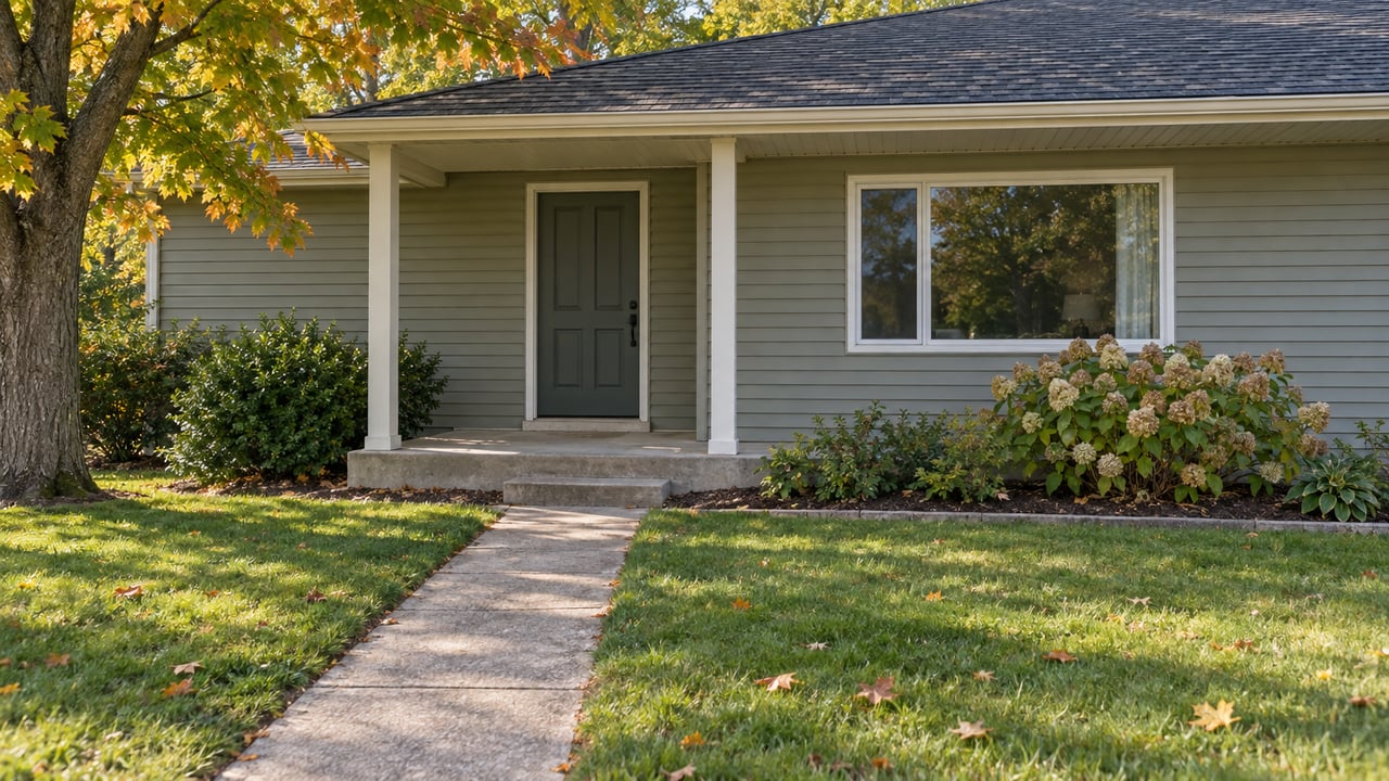 Sage-gray ranch house with a covered porch, concrete walkway, lawn, and amber-turning maple at left.