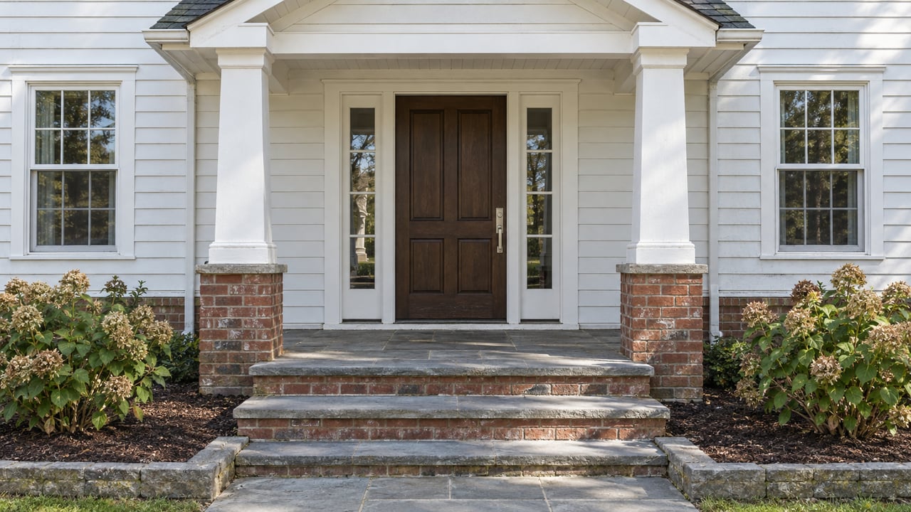 White clapboard entry with paired porch columns, a dark oak door and sidelights, worn bluestone steps, and two hydrangeas with dried flower heads.