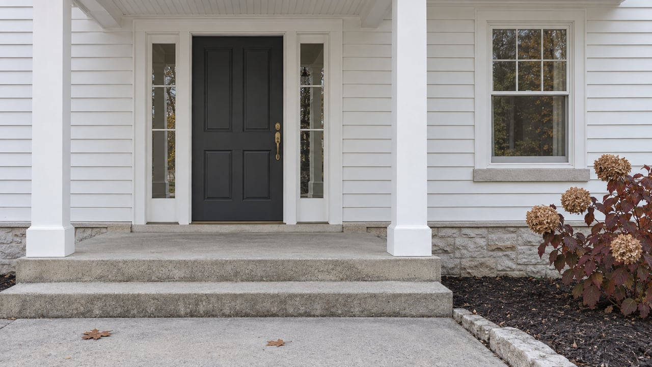 Traditional white clapboard home entrance with charcoal door, paired sidelights, concrete steps and burgundy oakleaf hydrangea.