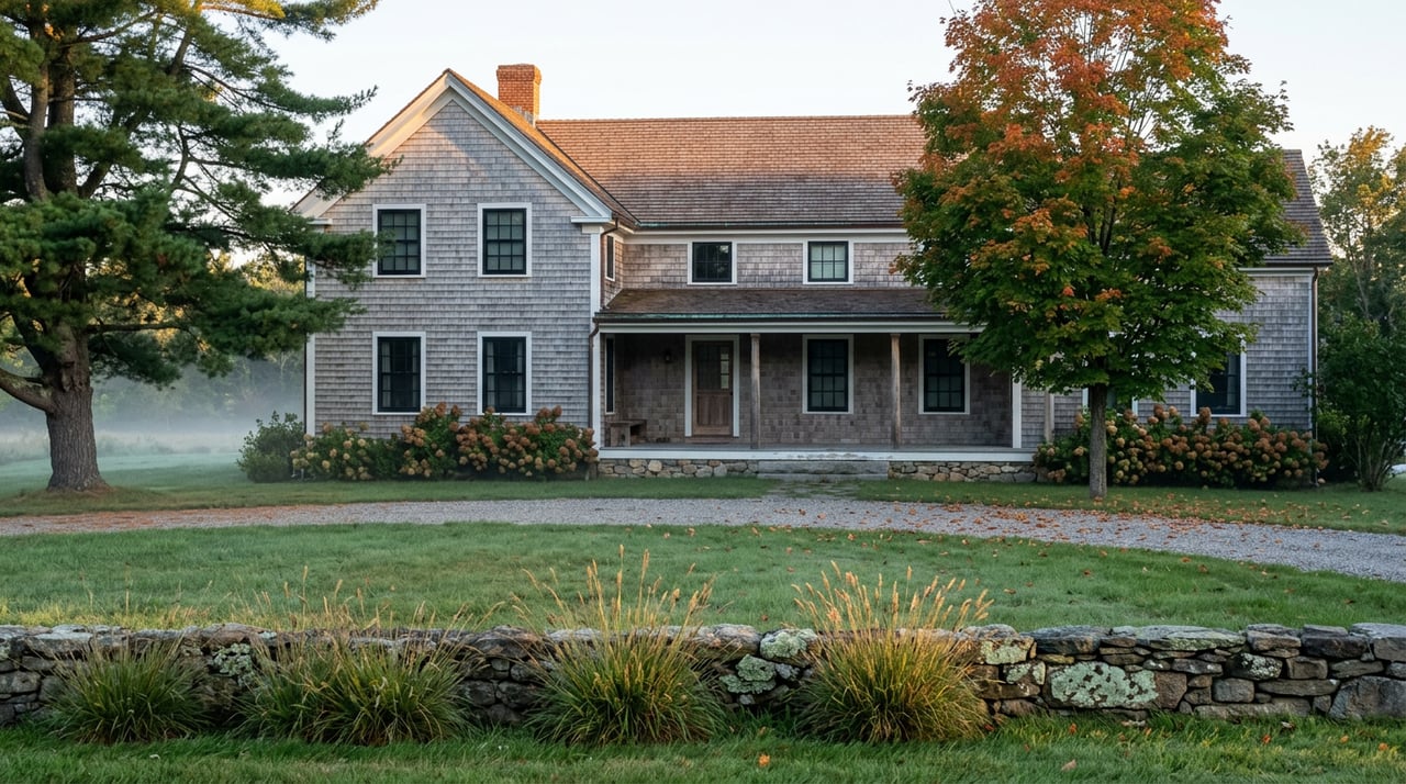 Weathered shingle farmhouse beyond a stone wall and meadow, with autumn trees and mist in the sunrise light.