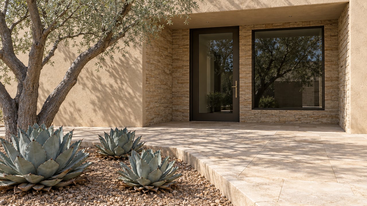 Stone and warm stucco home entrance beside a sculptural ironwood and three blue-gray agaves in a curbed gravel planting bed.