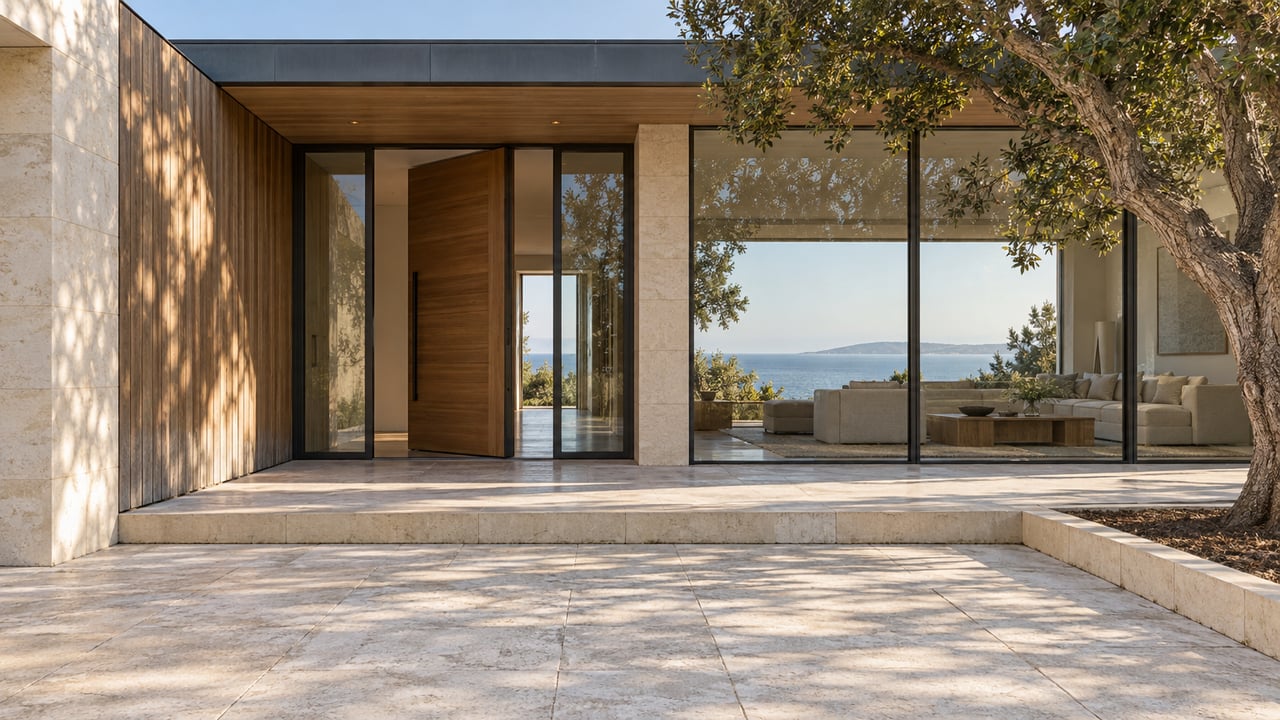 Morning light crosses a limestone courtyard toward a cedar and glass home entrance, beside a mature oak.