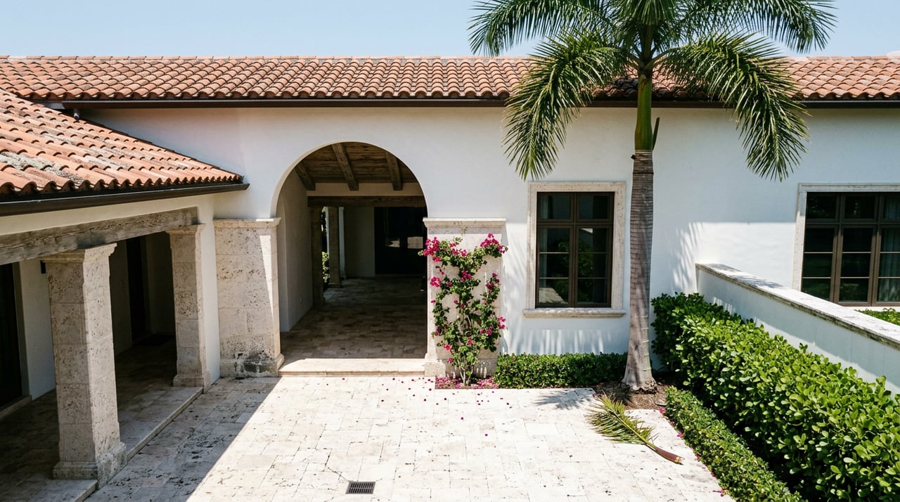Mediterranean courtyard with a royal palm, coral-stone piers, and a deep arched loggia.