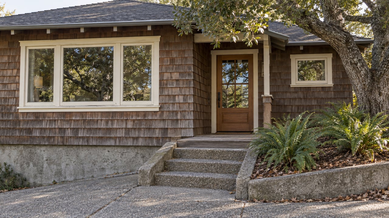 Weathered cedar-shingle home above concrete entrance steps, with ivory windows, a glazed wood door, a mature live oak and ferns.