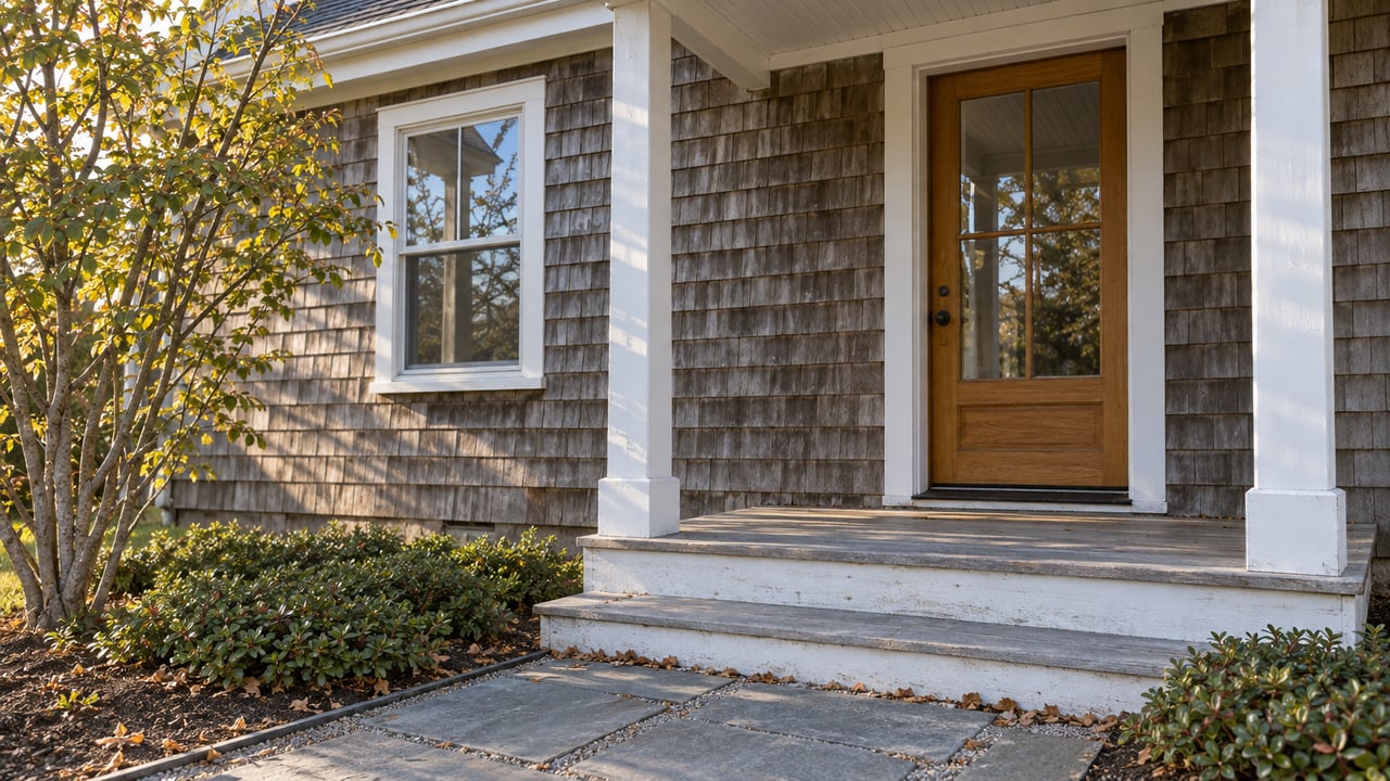 Cottage entry with a glazed wood door, white-trimmed window, two porch steps, and flagstone path.