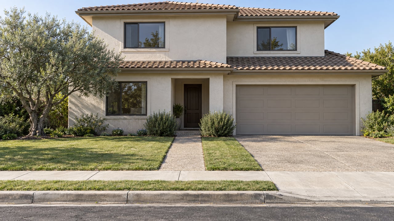 Two-story stucco home with a tiled roof, front lawn, olive tree, and driveway.