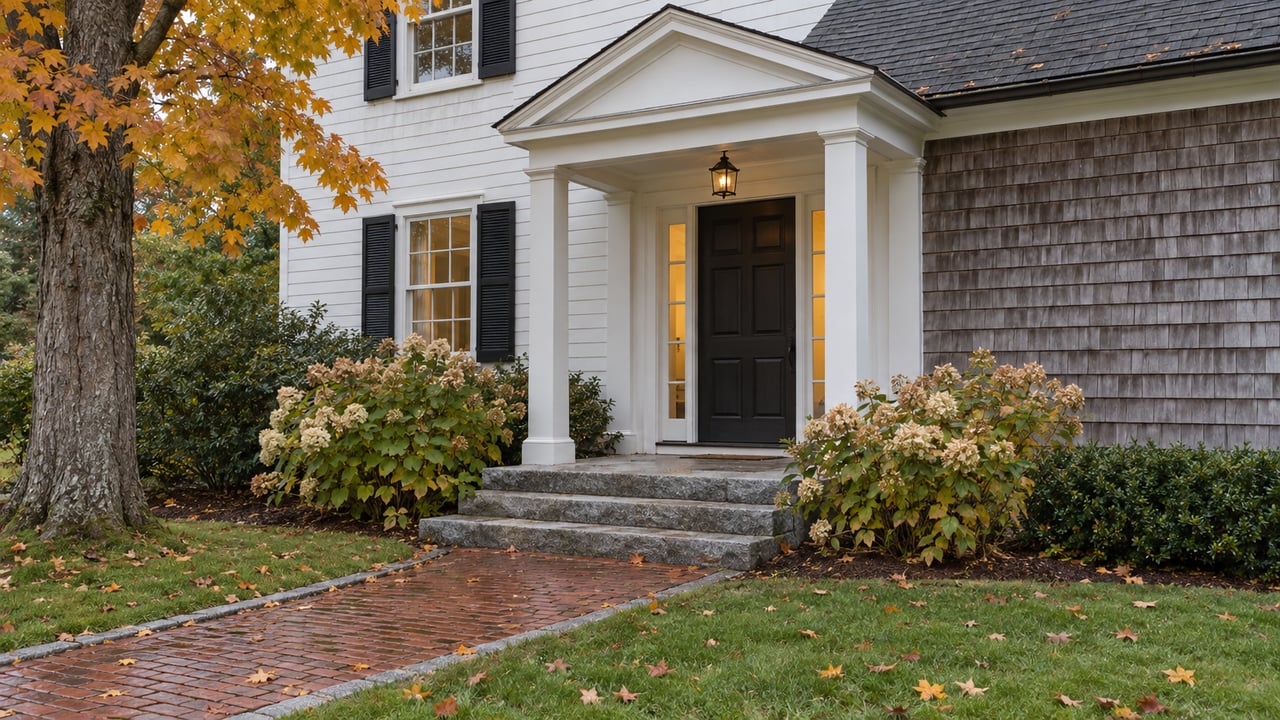 Traditional house entry with granite steps, brick path, amber-leaved maple, and pale hydrangeas.