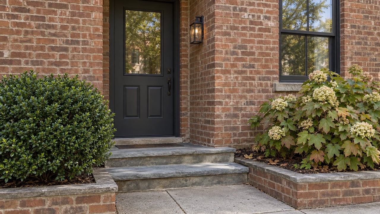 Recessed charcoal townhouse door with a glazed panel, brick façade, stone steps, and flanking shrubs.