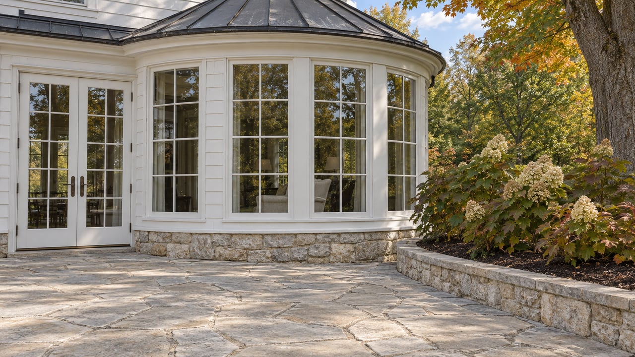 White-sided home with tall divided-light windows and French doors overlooking a limestone terrace and oakleaf hydrangeas beneath a mature sugar maple.