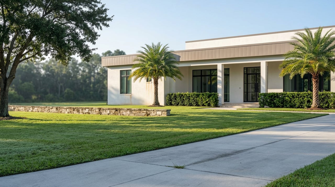 Single-story stucco estate beyond a broad lawn, framed by a live oak and two date palms.