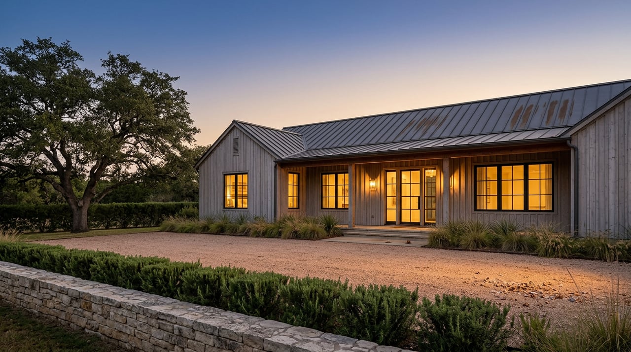 Single-story farmhouse with glowing windows and entry sconces, gravel drive, limestone wall, and broad-canopied oak at dusk.
